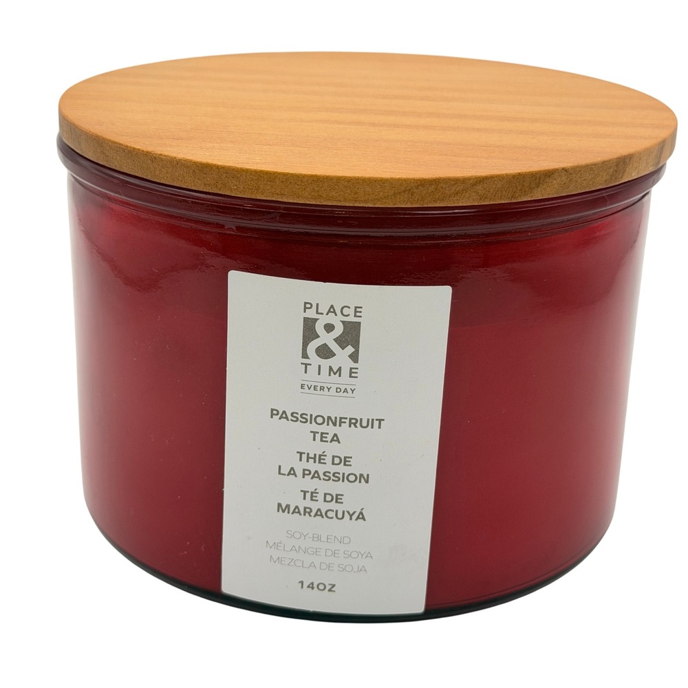 Passionfruit Tea Soy Candle 14oz Red Soy Blend 3-Wick Wood Lid Minimalist